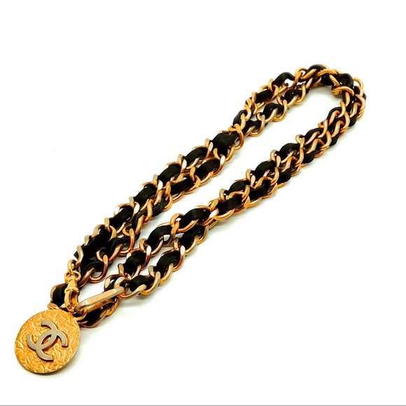 CHANEL Accessories - AUTH Chanel Gold Black Chain Belt 90cm